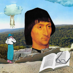 a collage depicting the giant head of a man with a smaller figure of a man, an open book with reading glasses propped on it, and a cat hanging from a cloud in the sky