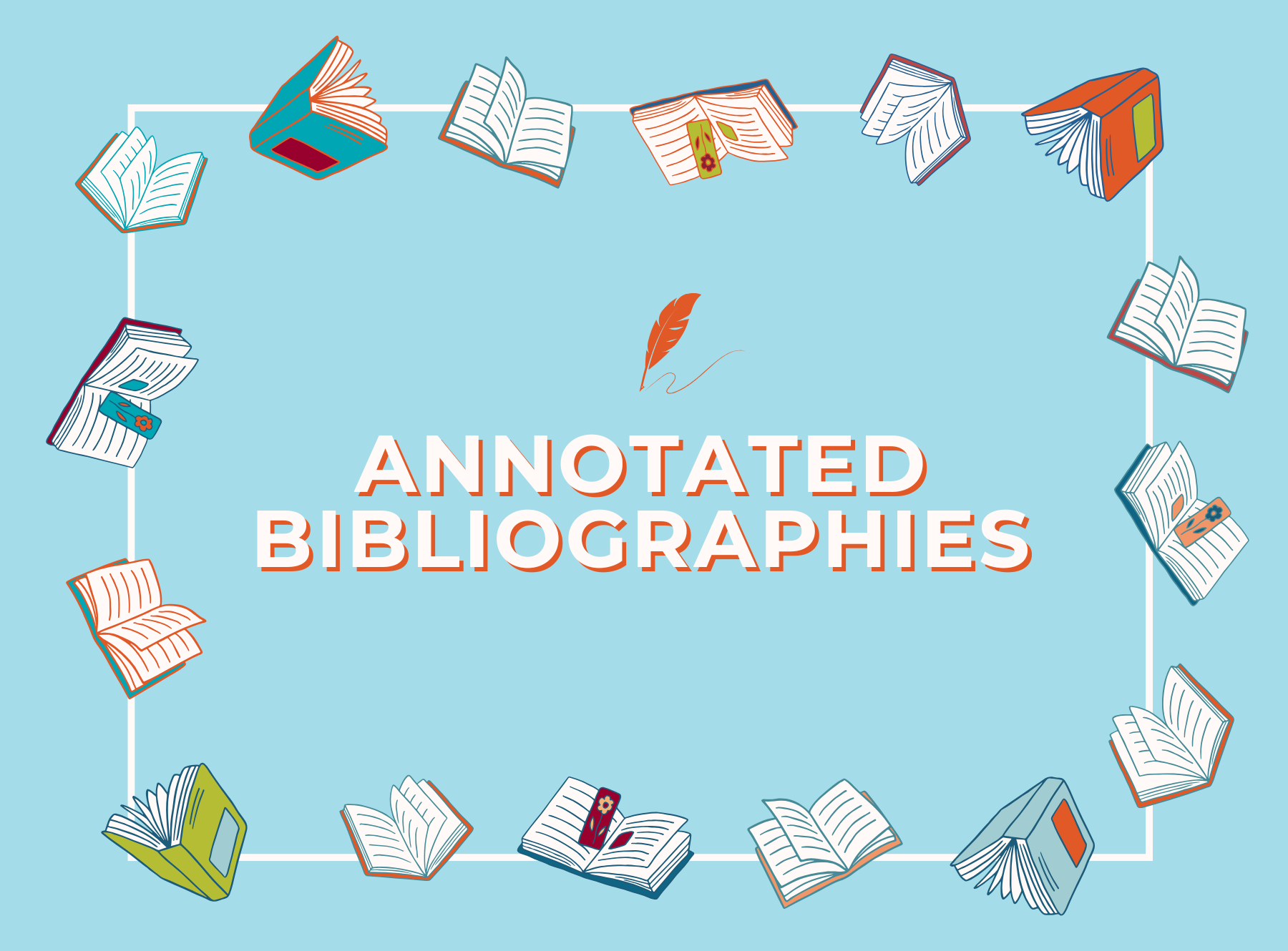 A light blue square graphic with a white border. The words "ANNOTATED BIBLIOGRAPHIES" are in the center in a bold, sans-serif font. Above the text is a small illustration of an orange feather quill with a thin, wavy line trailing from its tip. Surrounding the text and quill are twelve simplified illustrations of open books, each with different colored covers and varying amounts of pages showing.