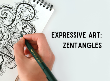 Hand drawing patterns and decorative swirls on sketchbook. Right side of image reads "Expressive Art: Zentangles"