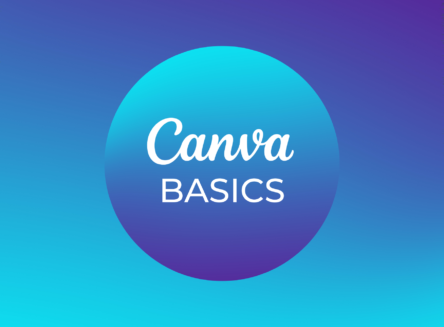 A gradient blue and purple circle with a lighter blue circle in the center. Inside the lighter blue circle is the word "Canva" in script font at the top and the word "BASICS" in a sans-serif font below.