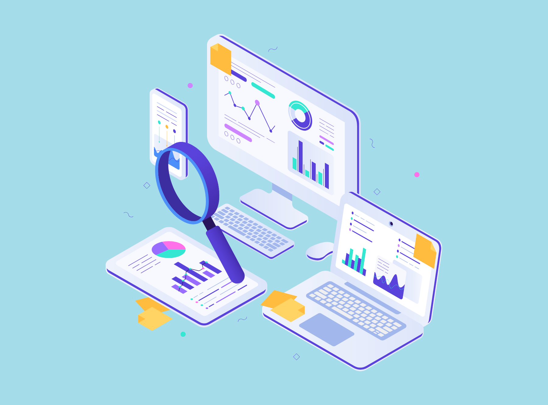 Graphic of magnifying glass, phone, laptop, desktop, keyboard, mouse, tablet, each with graphs and charts on them.