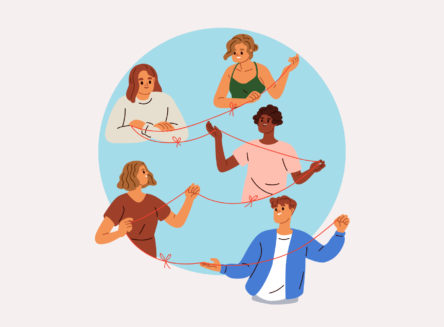 Graphic of group of four people holding a string in their hands connecting them