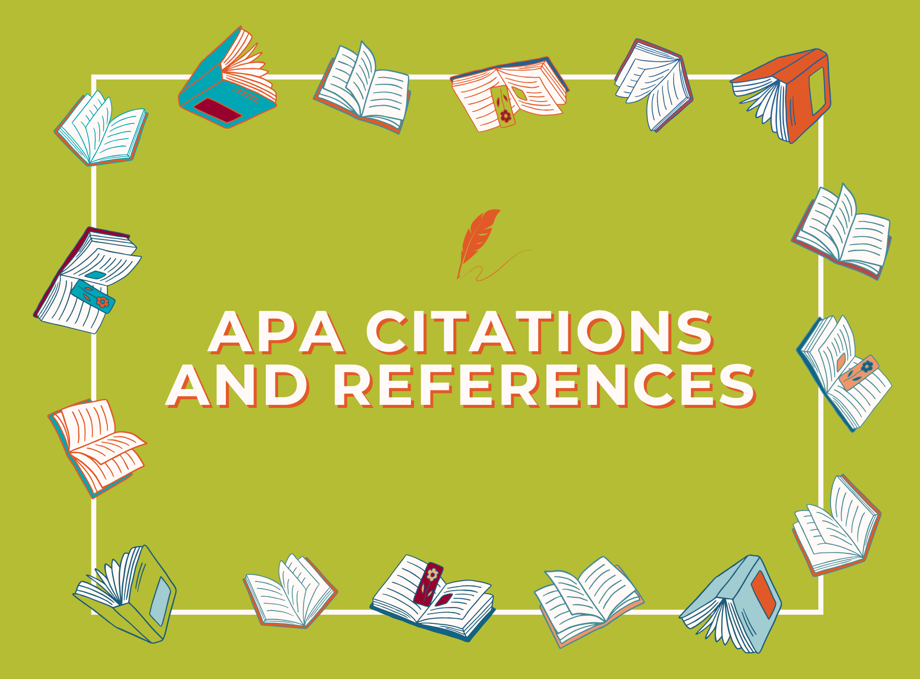 A light green square graphic with a white border. The words "APA CITATIONS AND REFERENCES" are in the center in a bold, sans-serif font. Above the text is a small illustration of an orange feather quill with a thin, wavy line trailing from its tip. Surrounding the text and quill are twelve simplified illustrations of open books, each with different colored covers and varying amounts of pages showing.