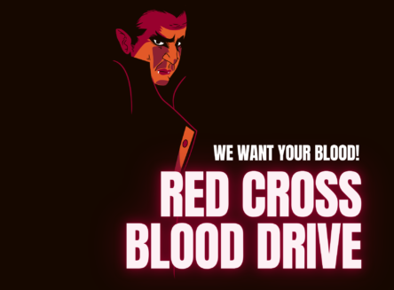 orange vampire with black cload that fades into black background with bold block text to the right of vampire that reads "we want your blood! red cross blood drive"