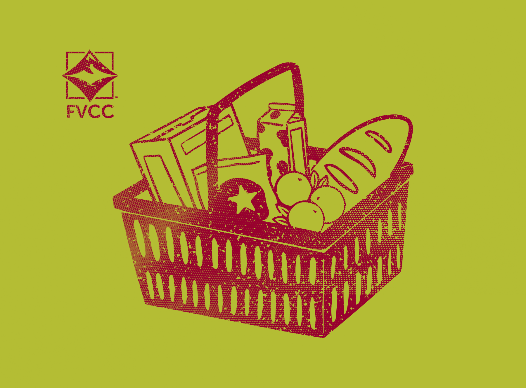 A line-art illustration of a grocery store basket filled with various food items, including a box, a carton, a loaf of bread, and several round fruits or vegetables. The illustration is in dark red against a light green background. In the upper left corner is the FVCC logo in dark red.