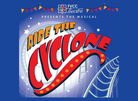 Roller coaster tracks with warped font reading "ride the cyclone"