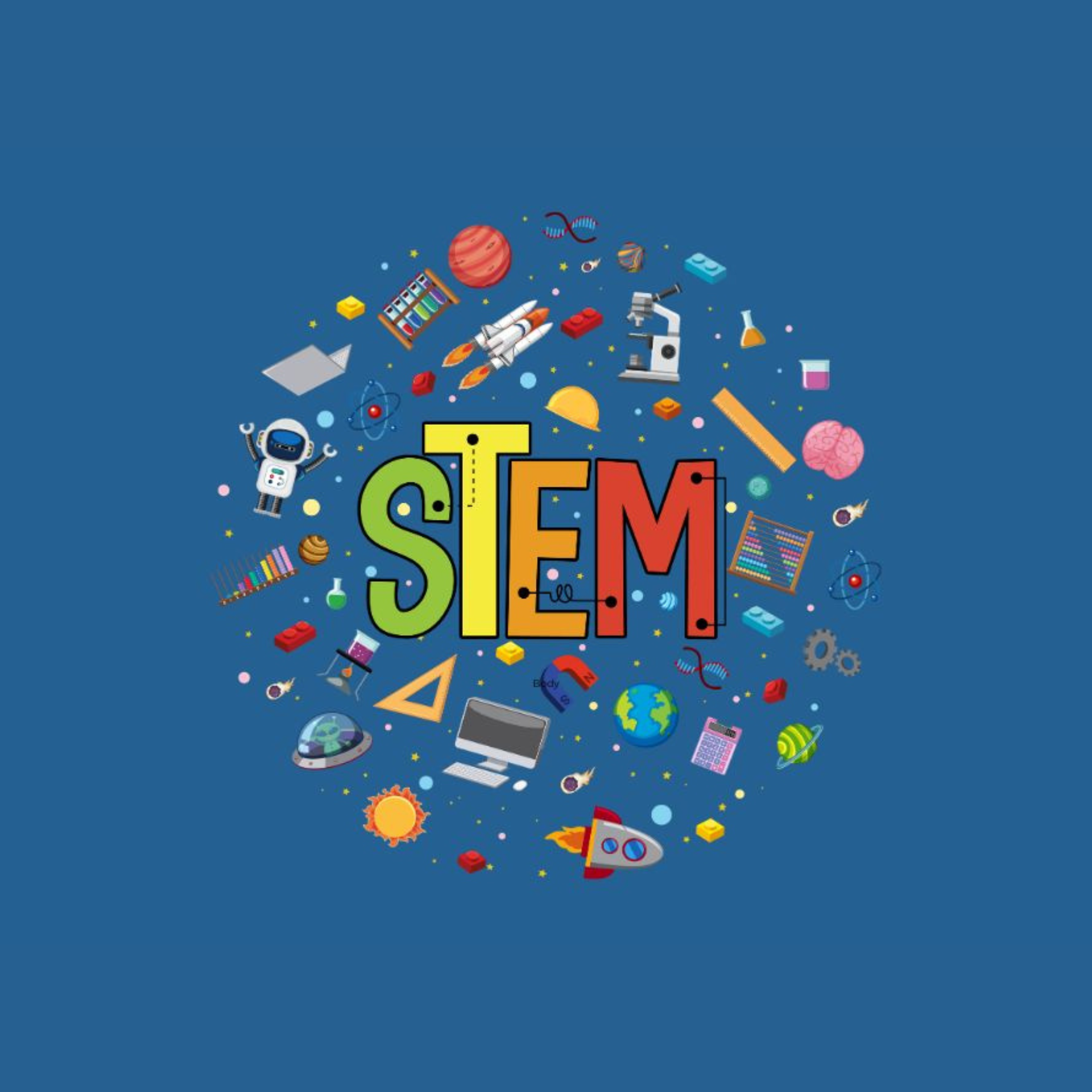 stem colloquium graphic showing colored title stem with numerous science related graphics orbiting the text