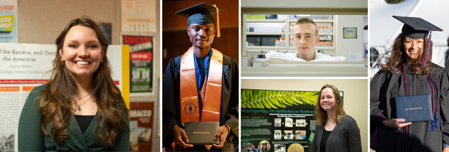 Collage of students in the academic honors program at Flathead Valley Community College, showcasing graduation and research projects.