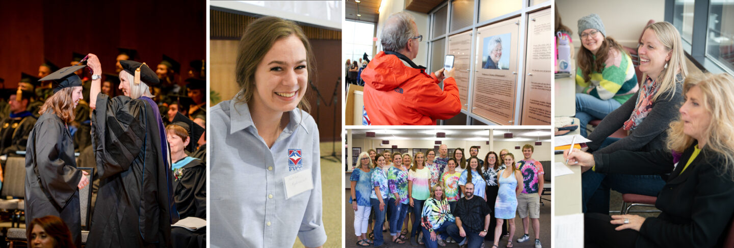 Collage of faculty and staff activities at Flathead Valley Community College, including graduation, team gatherings, and community engagement.