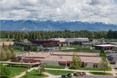 Wide drone shot of the Flathead Valley Community College campus.