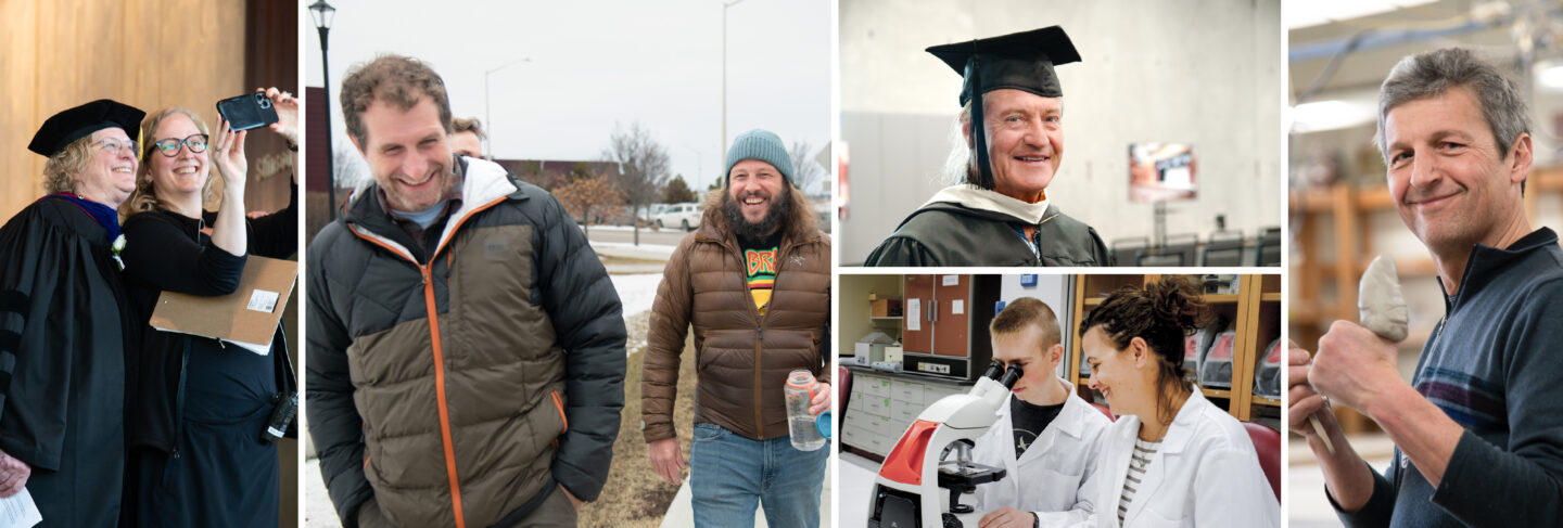 Collage of Flathead Valley Community College faculty and staff interacting with students and faculty on campus and in classroom settings.