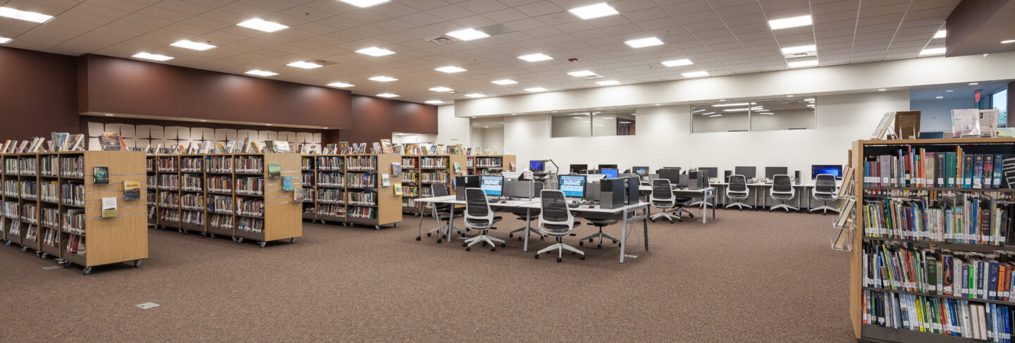 Wide shot of the Flathead Valley Community College campus library.