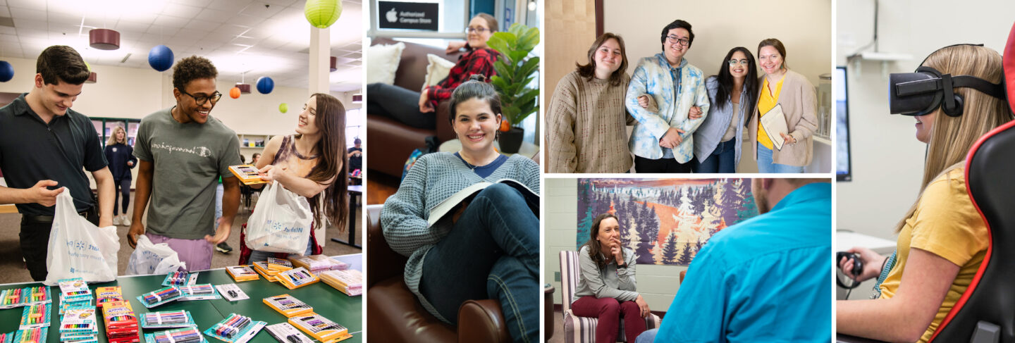 Collage of student services at Flathead Valley Community College, including study groups, support staff, and campus activities.