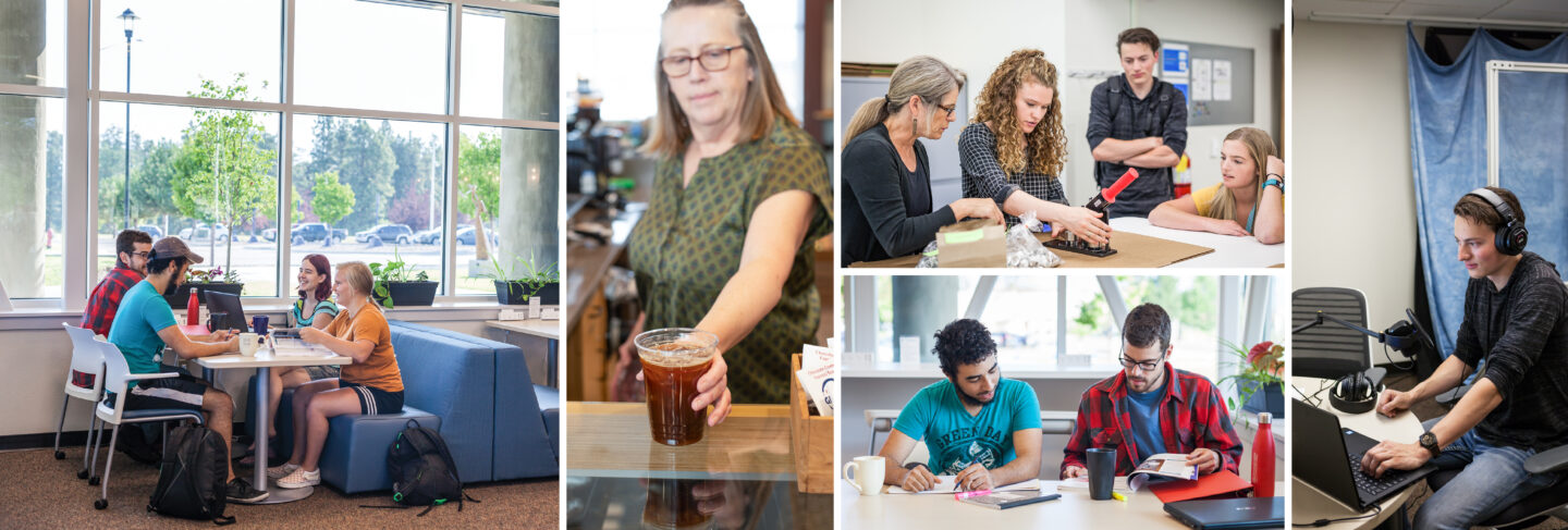 Collage of the Flathead Valley Community College library showcasing various resources, study spaces, and amenities.