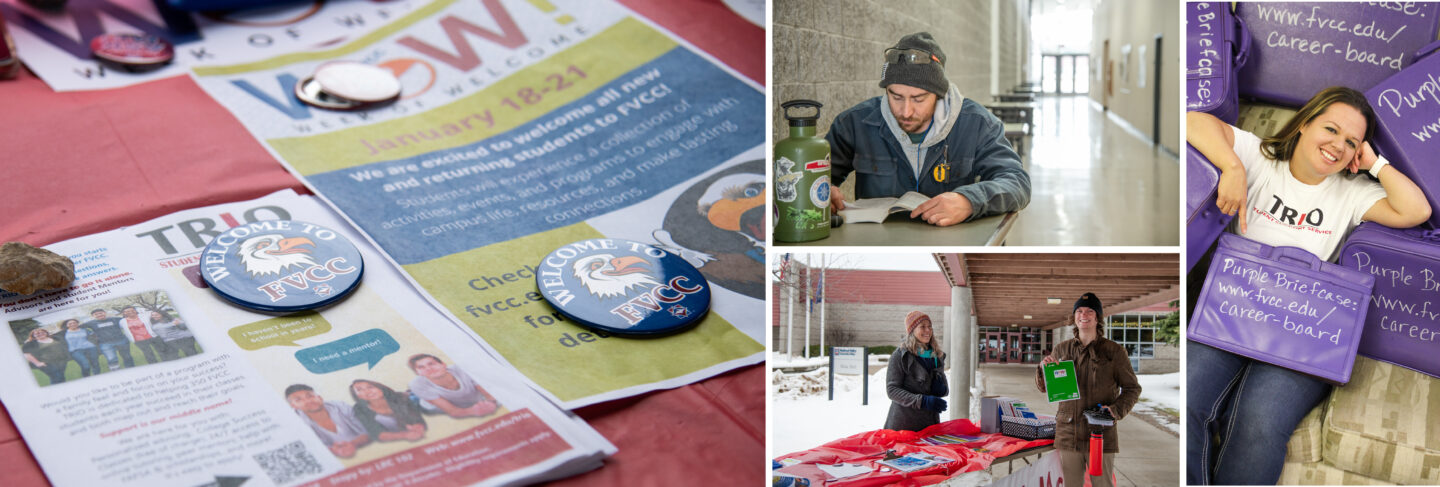 Collage of TRIO Student Support activities at Flathead Valley Community College, including informational materials, study support, and career resources.