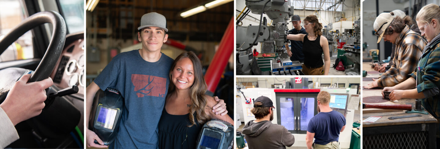 Collage of students engaged in various occupational training programs, including welding, machinery operation, and truck driving.