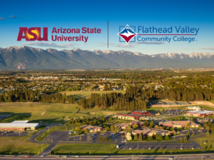 FVCC campus in front of mountain range with wide sky above and logos of Arizona State University and FVCC