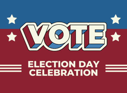 Bold words and stars by them words reading "vote" and "election celebration day"