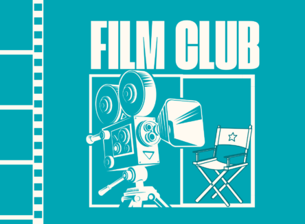 Film graphics of old camera and directors chair with old film as border on left. Text reads: film club