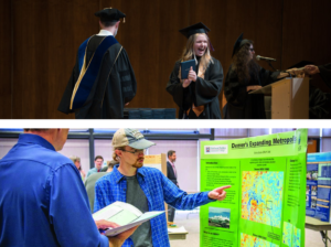 collage of two photos top photo honors student graduate accepting diploma.