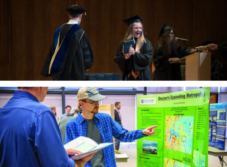 collage of two photos top photo honors student graduate accepting diploma.