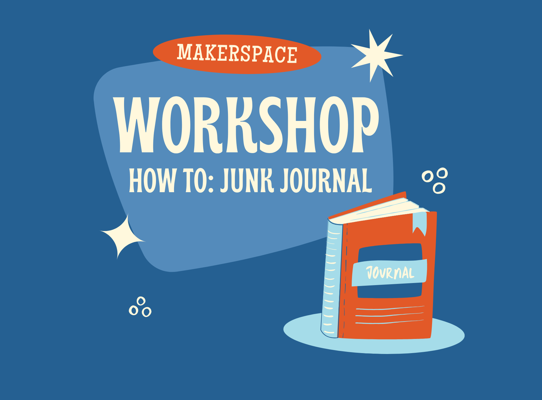 graphic of journal text reads: makerspace workshop: how to junk journal