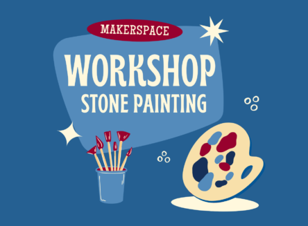 Makerspace workshop stone painting. Graphic of paint pallet and cup with painting brushes