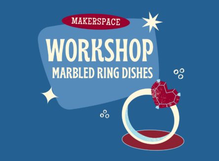 Makerspace workshop marbled ring dishes. Graphic of ring with heart gem