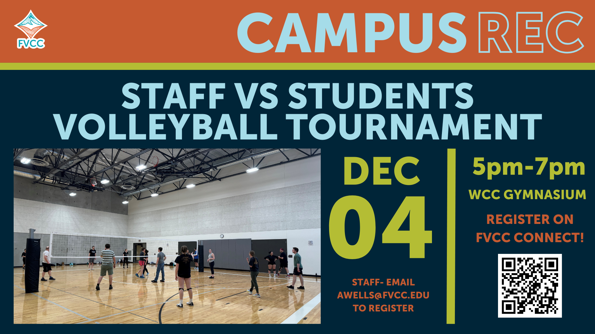 event tile for staff vs students volleyball tournament date time and location