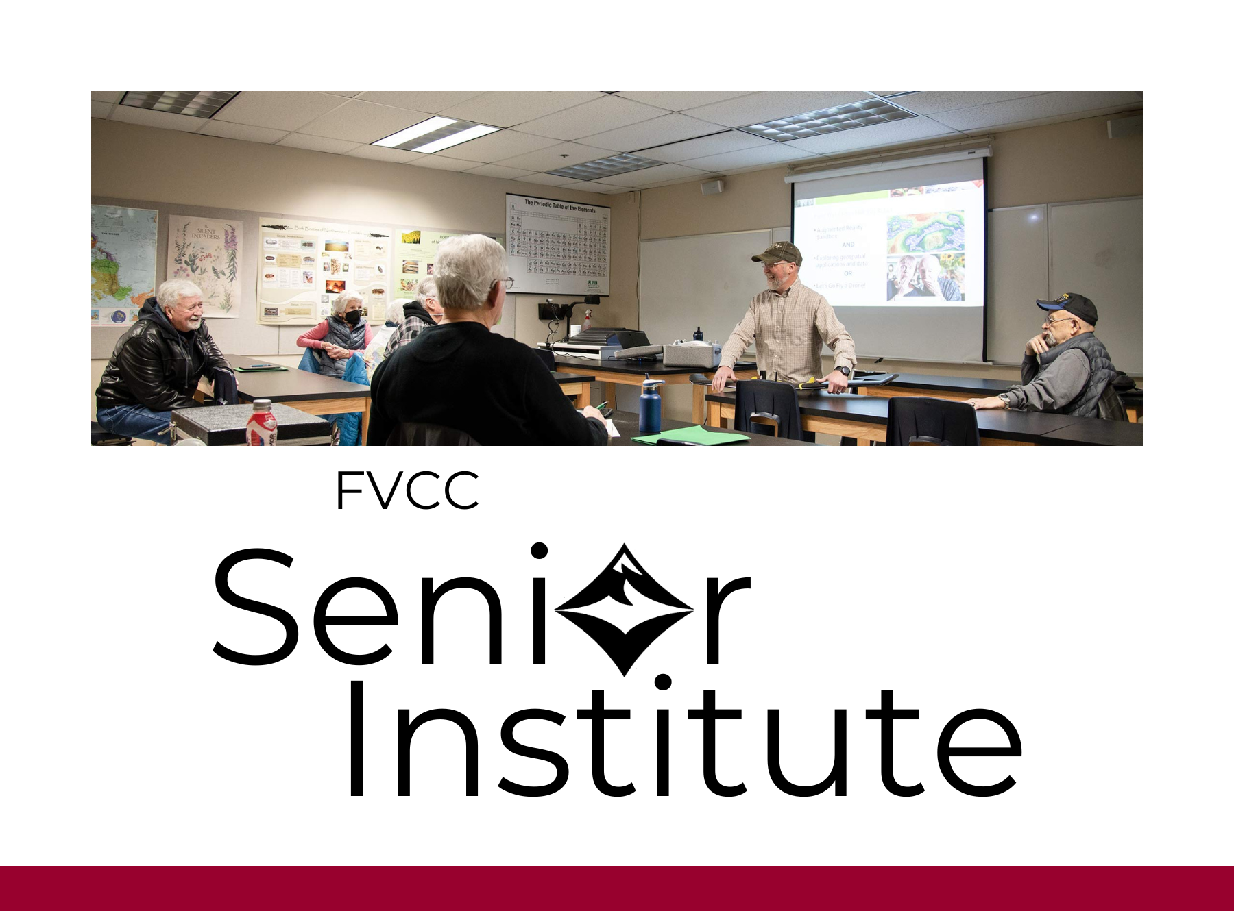 Senior Institute class words below read senior institute with "o" of the word "senior" REPLACED WITH FVCC LOGO