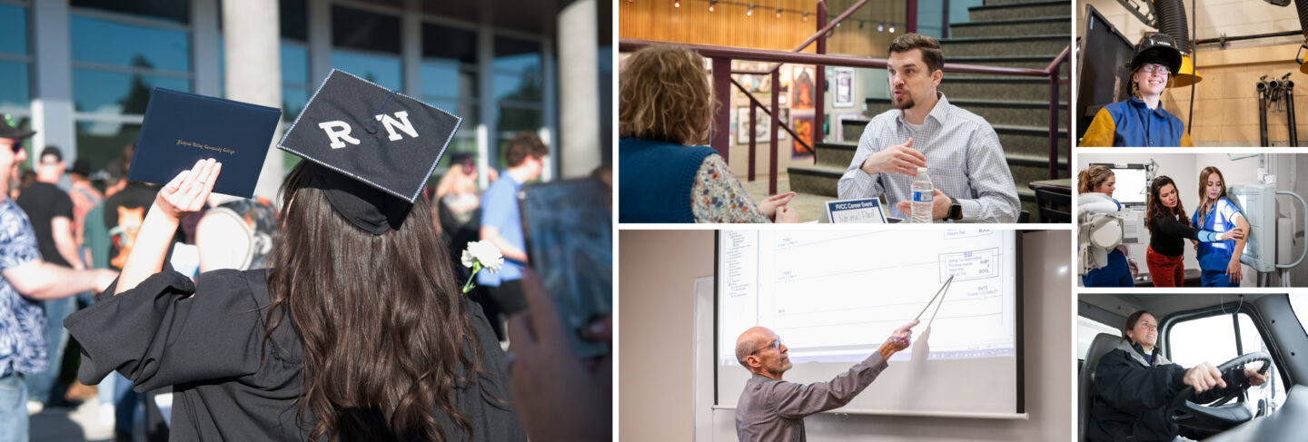 Collage of students and professionals involved in various career fields, including healthcare, welding, radiology, and trucking, with scenes from graduation and career events.