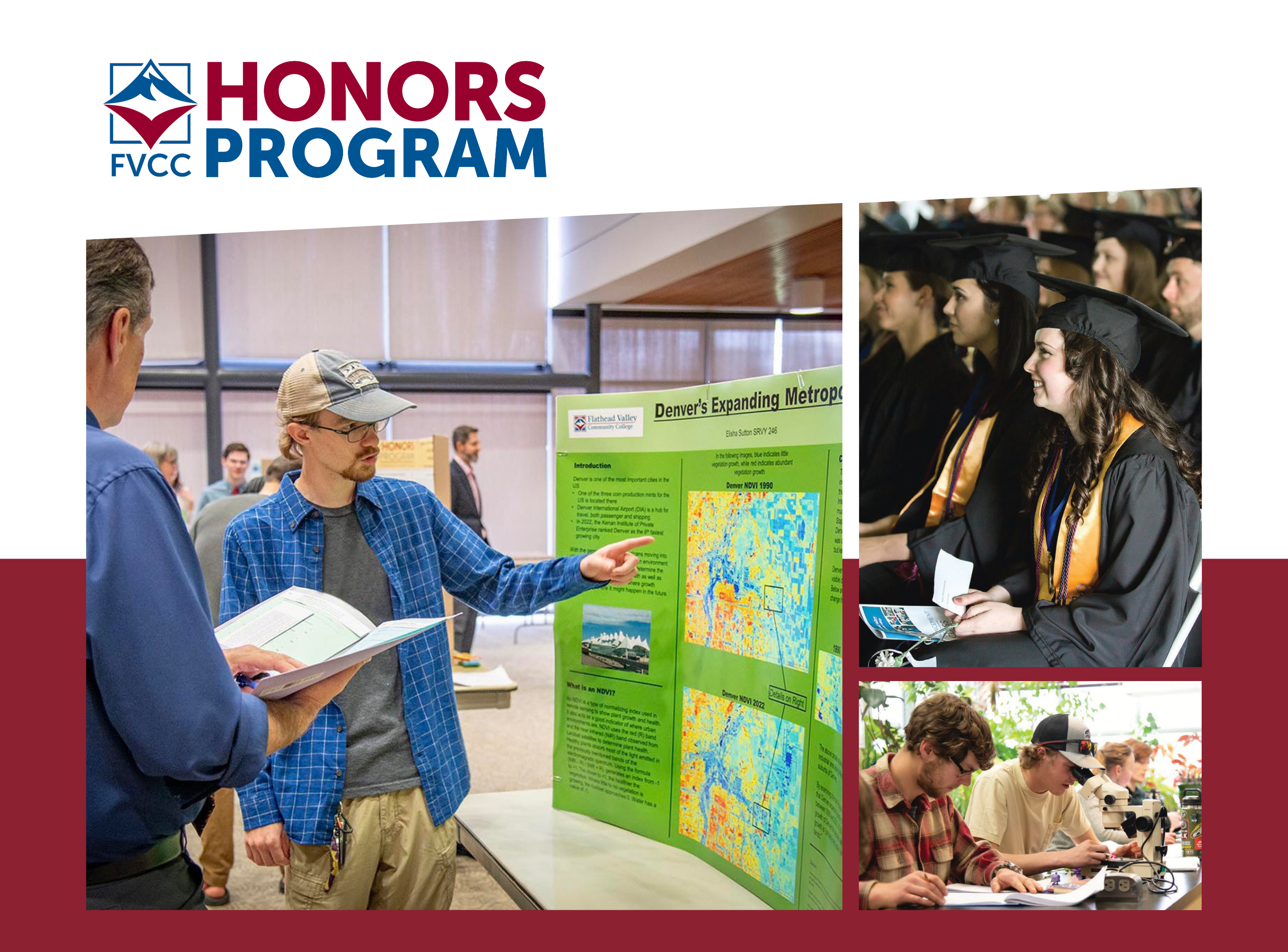 photos from honors confernece (left) honor graduates sitting at graduation (right, up) and students looking under microscopes (right, down)