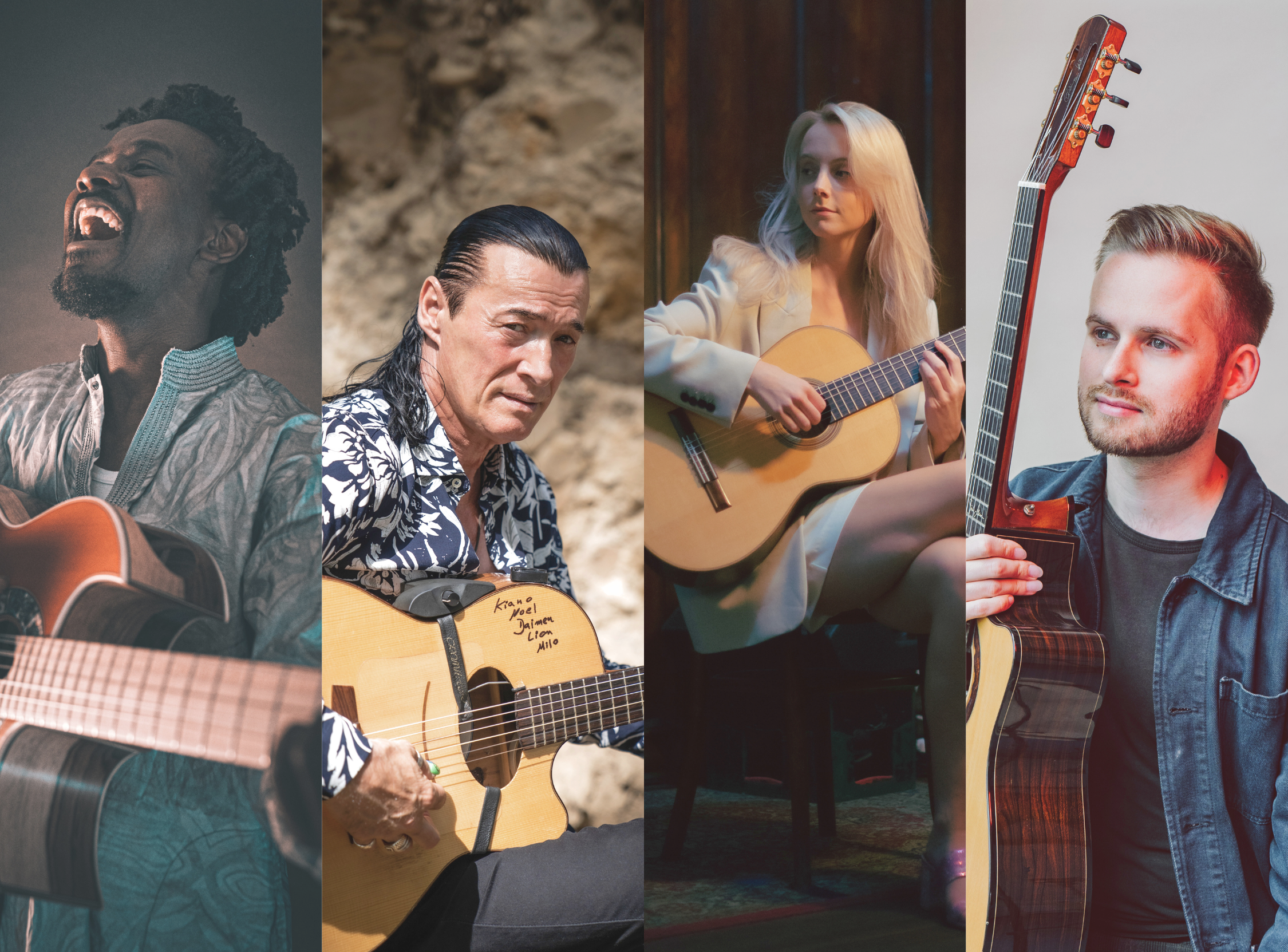 from left to right: Niwel Tsumbu, Lulo Reinhardt, Alexandra Whittingham, and Sönke Meinen. each holding a guitar