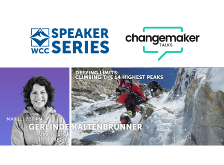 Gerlinde Kaltenbrunner left. And Gerlinde Kaltenbrunner mountain climbing in snow on right