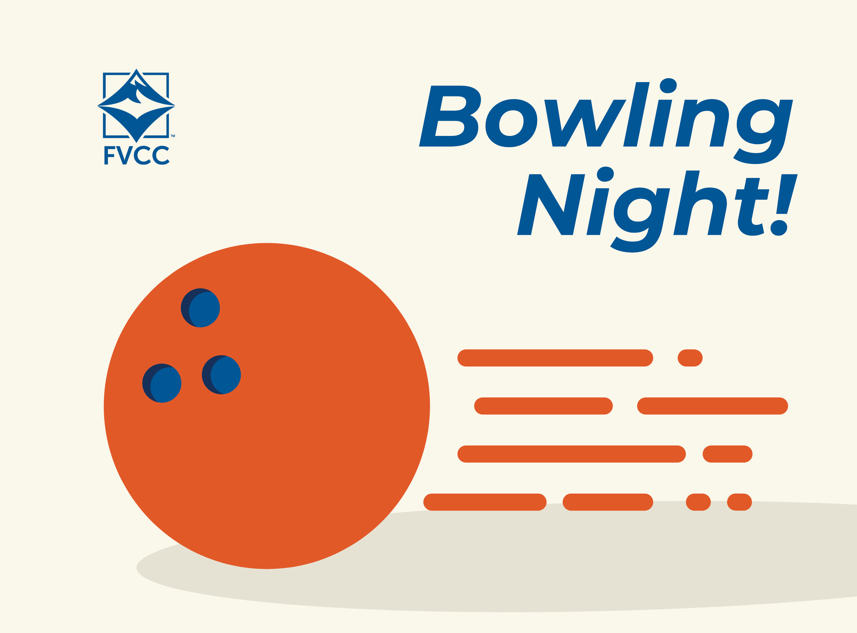 Promotional graphic for a Flathead Valley Community College (FVCC) Bowling Night event. An orange bowling ball with blue finger holes is shown with orange motion lines indicating its path.