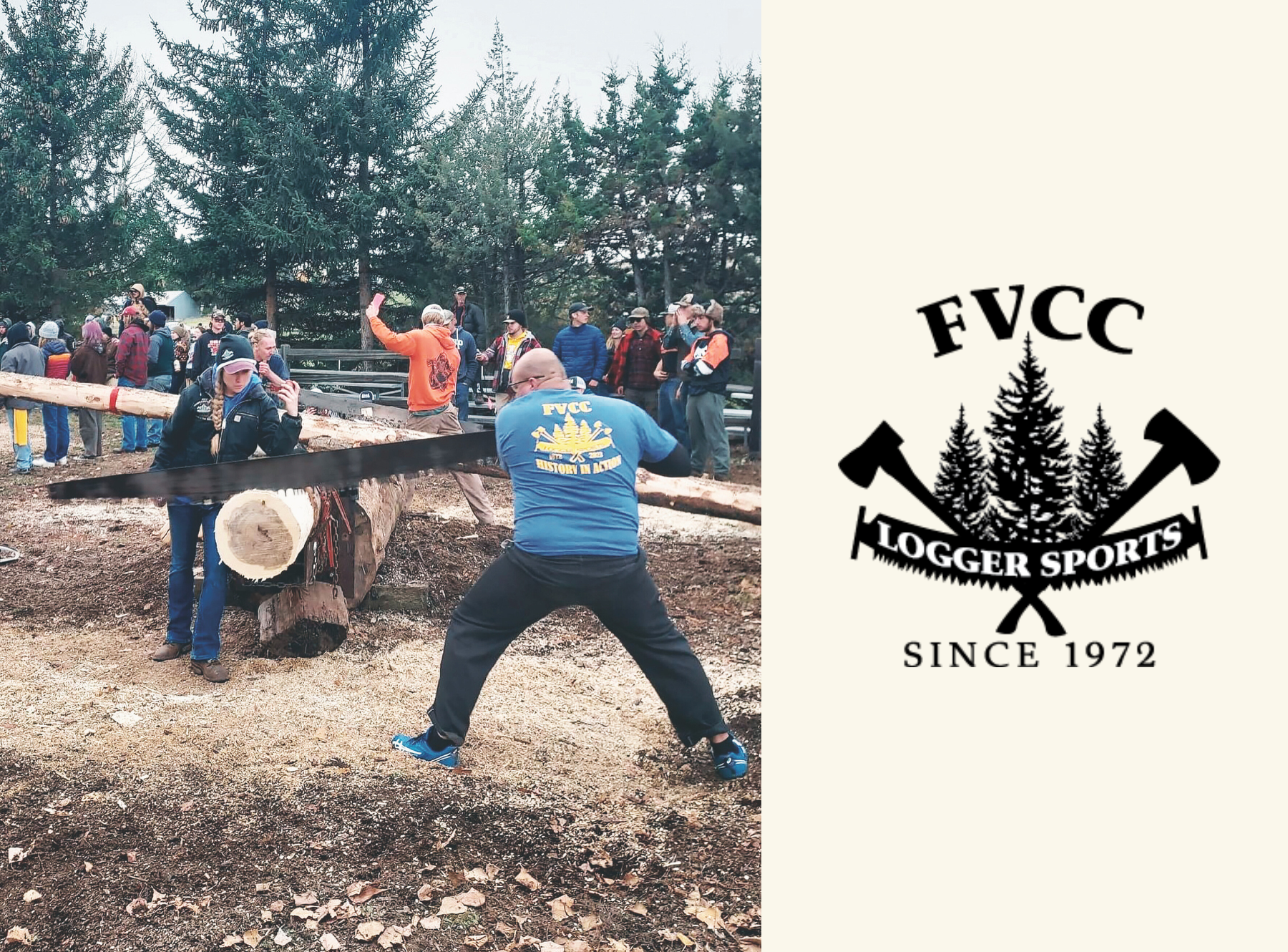 FVCC Logger Sports team sawing log (left) FVCC Logger Sports logo (right)