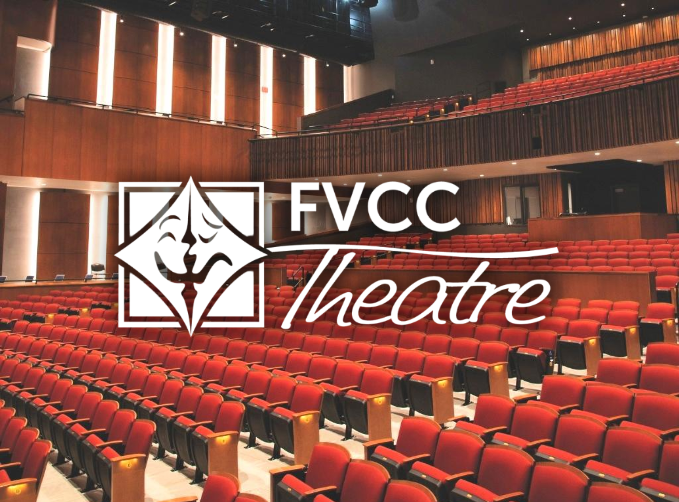 Joe Legate Black Box Theatre at FVCC with FVCC Theater Logo in white at the center of image