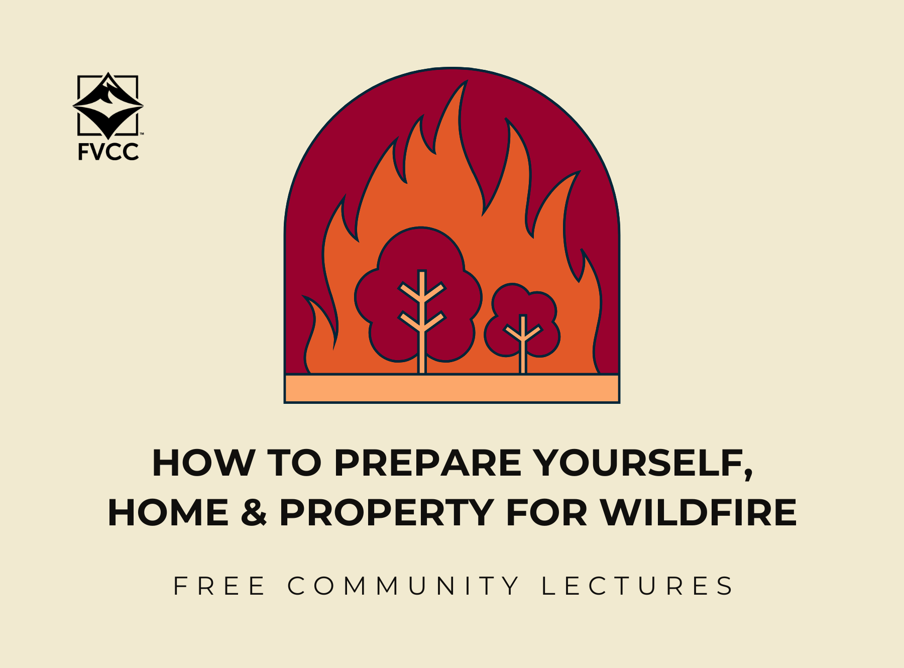 A beige background with a stylized graphic of flames and trees in a rounded arch shape at the top. Below the graphic is the text "How to Prepare Yourself, Home & Property for Wildfire" and "Free Community Lectures." In the upper left corner is the FVCC logo. This image is for a lecture on wildfire preparation.