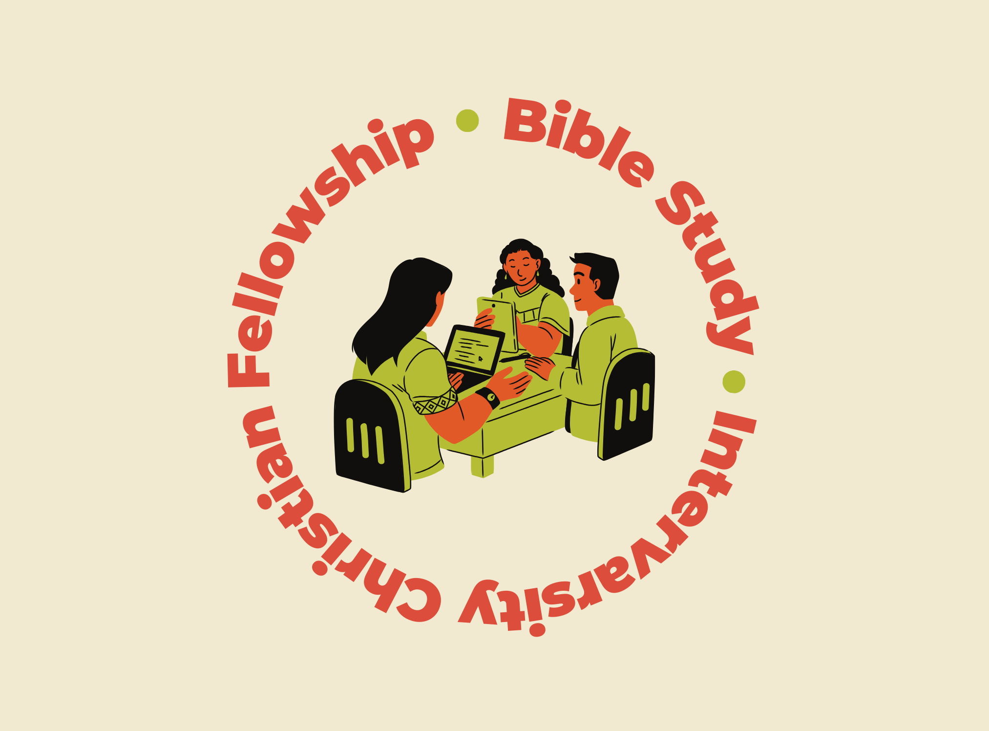 A flat, graphic illustration of three people sitting at a table studying together. The text "Bible Study" and "Intervarsity Christian Fellowship" are arranged in a circular pattern around the illustration on a light beige background