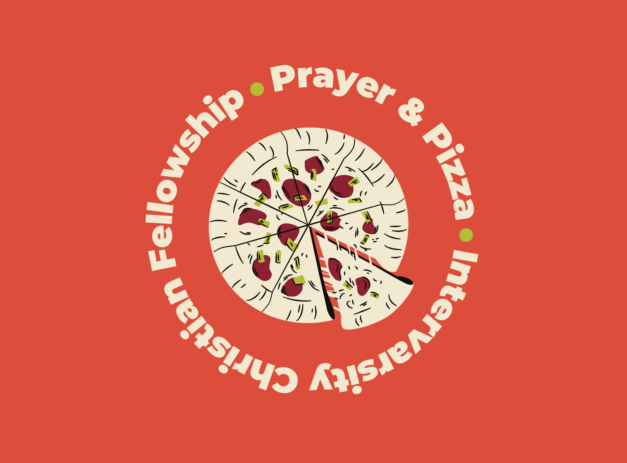 A flat, graphic illustration of a pizza with a slice removed, surrounded by the words "Prayer & Pizza" and "Intervarsity Christian Fellowship" in a circular arrangement on a solid orange background